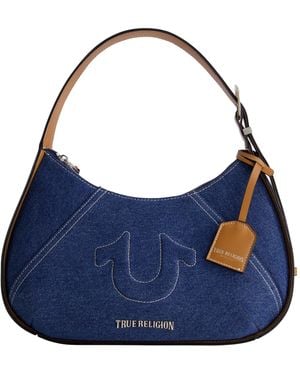 TRUE RELIGION Umhängetasche Geldbörse Erhöhte Hobo Handtasche mit Verstellbarem Riemen und Hufeisen Logo Denim - Blau