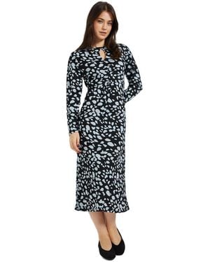 Dorothy Perkins Animal Knot Waist Long Sleeve Midi Dress - Black