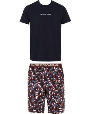 Emporio Armani Bold Logo Printed Cotton Pajama Short And Tee Set - Blue