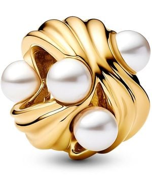 PANDORA Moments Abstrakter Wellen Charm aus Sterling Silber mit 14 Karat vergoldeter Legierung und künstlichen Perlen - Mettallic