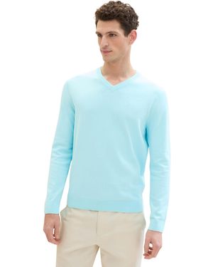 Tom Tailor Basic Pullover mit V-Ausschnitt aus Baumwolle - Blau