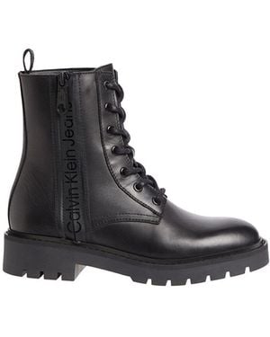 Calvin Klein Mid-calf Lace Up Leather Combat Boots - Black