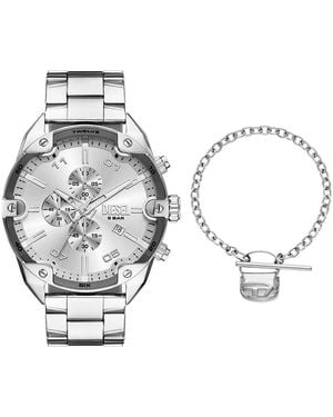 DIESEL Uomo Orologio e Bracciale in Acciaio Inossidabile Argento con Borchie - Metallizzato