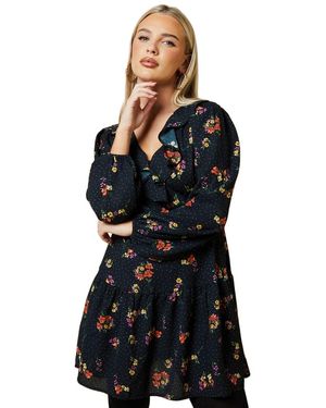 Dorothy Perkins Petite Blue Ditsy Floral Tiered Hem Frill Wrap Mini Dress - Black