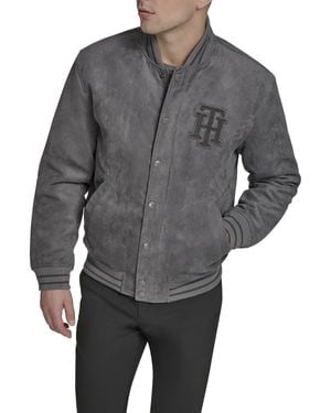 Tommy Hilfiger Faux Suede Logo Varsity Bomber Jacket - Gray
