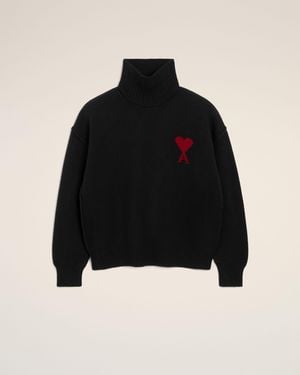 Ami Paris Ami De Coeur Pullover Aus Schwarzer Wolle Mit Funnelkragen Schwarz