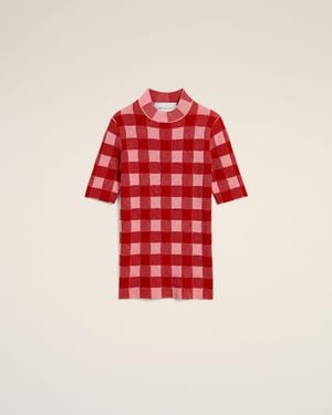 Ami Paris Kurzarm-Pullover Aus Rosa Kariertem Woll- Und Baumwollmix Rosa - Rot