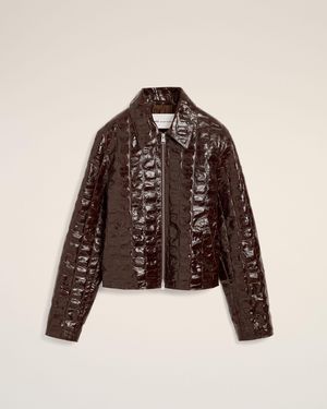 Ami Paris Bordeauxfarbene, Krokodilgeprägte Lederjacke Mit Reißverschluss Rot - Braun