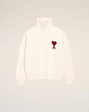 Ami Paris Ami De Coeur Pullover Aus Naturfarbener Wolle Mit Funnelkragen Weiß