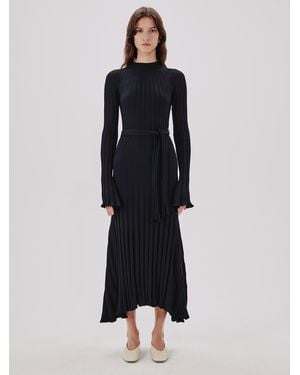 Another Tomorrow Long Sleeve Rib Flare Dress - Blue
