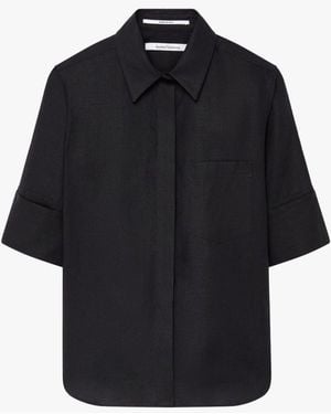 Another Tomorrow Linen French Cuff Blouse - Black