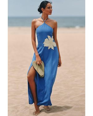 Celandine Linen Halter Side-Slit Maxi Dress - Blue
