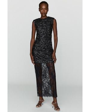 Maeve Sequin Sheer Lace Panel Midi Dress - Black