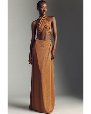 AFRM Kendrick Sparkle Cross-Front Halter Maxi Dress - Brown