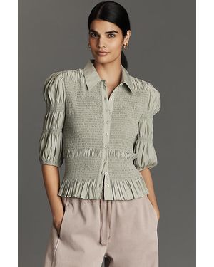 By Anthropologie Smocked Buttondown Top - Grey