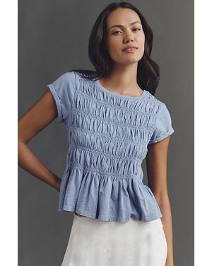 Pilcro Garment Dye Ruched Crew-Neck Cap-Sleeve T-Shirt - Blue
