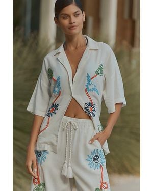 Celandine Linen Embroidered Short-Sleeve Buttondown Shirt - Green