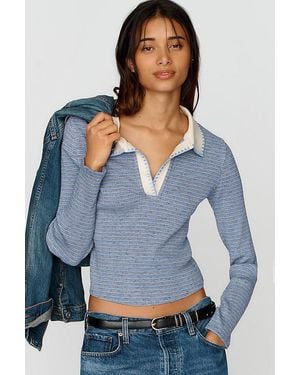 Pilcro Cotton-Blend Stitchy Stripe Polo Top - Grey