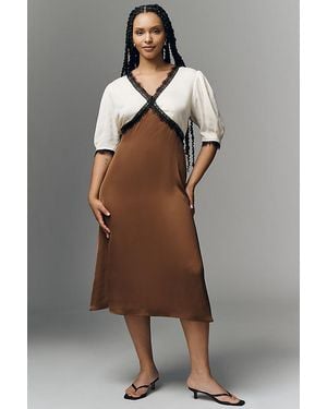 By Anthropologie V-Neck Lace Trim Midi Dress - Brown