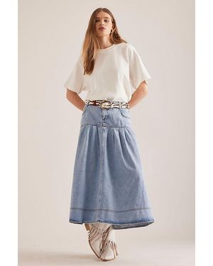 Pilcro Pleated Basque-Waist Denim Midi Skirt - Blue