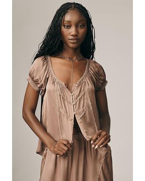 By Anthropologie The Amber Short-Sleeve Silky Top - Brown