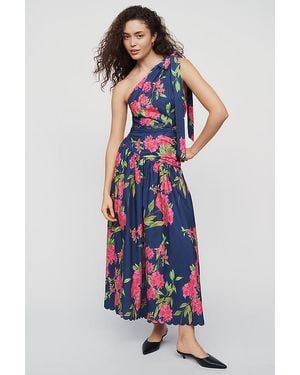 En Saison Esther Cotton One-Shoulder Drop-Waist Midi Dress - Blue