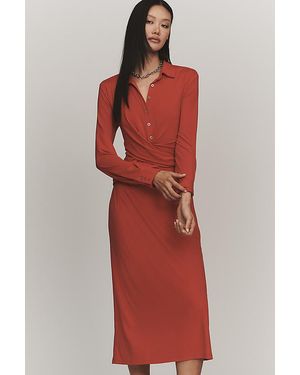 By Anthropologie Draped Long-Sleeve Midi Shirt Dress - Red