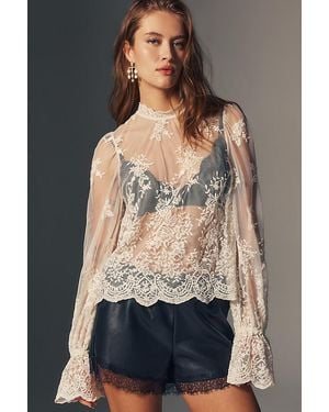 By Anthropologie Sheer Lace High-Neck Blouse - White