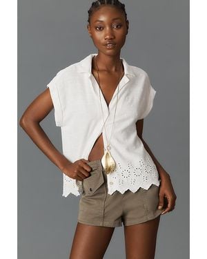 Cloth & Stone Linen-Blend Short-Sleeve Eyelet Buttondown Shirt - Grey