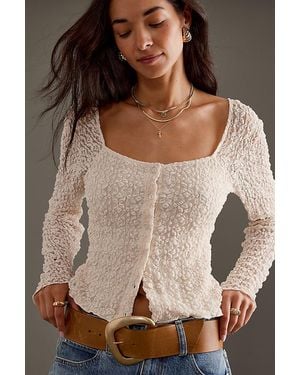 Anthropologie Long-Sleeve Lace Button-Front Top - Brown