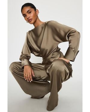 Odd Muse Satin Boat-Neck Wrap Top - Brown