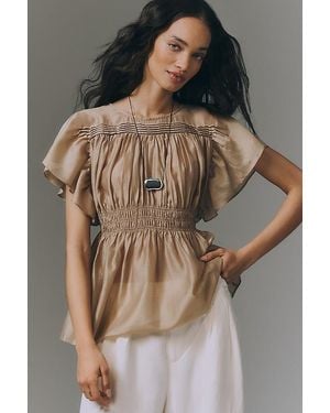 By Anthropologie Short-Sleeve Sheer Smocked Blouse - Brown