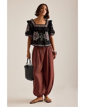 By Anthropologie Ruffle Puff-Sleeve Embroidered Blouse - Black