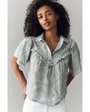 Pilcro Embroidered Eyelet Buttondown Shirt - Grey