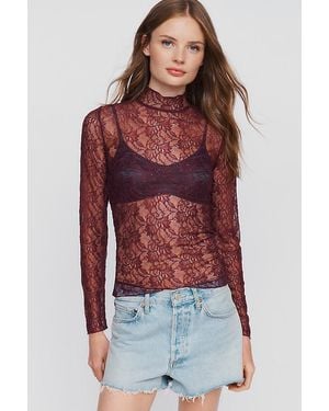 By Anthropologie Lace Layering Turtleneck Top - Red