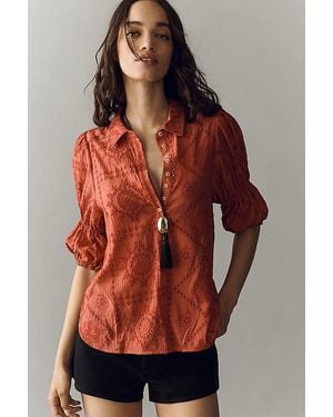 Pilcro Tallulah Puff Sleeve Eyelet Buttondown Top By - Red