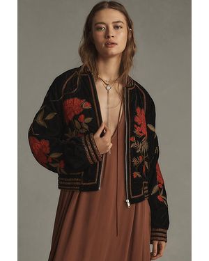 By Anthropologie Velvet Embroidered Bomber Jacket - Brown