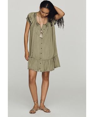 By Anthropologie Amber Short-Sleeve Silken Mini Dress - Green