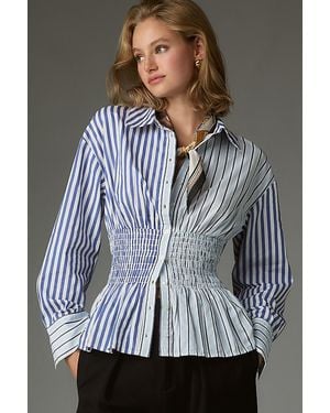 Maeve Smocked Buttondown Shirt - Grey