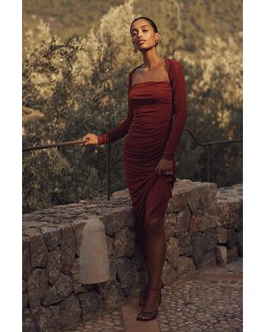 SOVERE Myriad Long-Sleeve Ruched Midi Dress - Brown