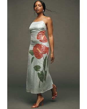 FARM Rio Sequin Anthurium Flowers Midi Slip Dress - Grey