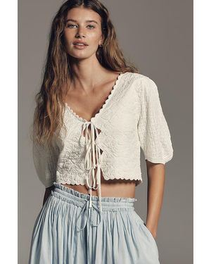 Maeve Puff-Sleeve V-Neck Embossed Top - Natural