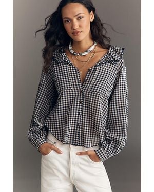 Pilcro Blouson-Sleeve Ruffle Collar Buttondown Shirt - Grey