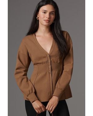 Maeve Puff-Sleeve Waisted Cardigan - Brown