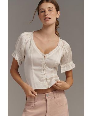 By Anthropologie Puff-Sleeve Ruffle Buttondown Top - Grey