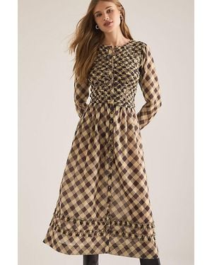 Damson Madder Check Long-Sleeve Midi Dress - Brown