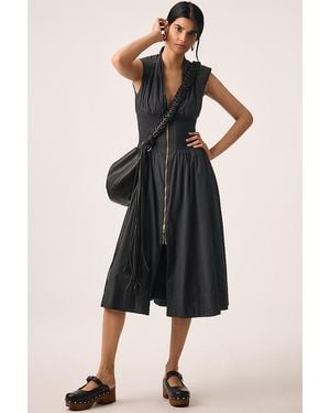 Maeve The Tommie Cap-Sleeve Smocked Front-Zip Midi Shirt Dress - Black
