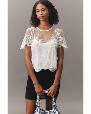 By Anthropologie Short-Sleeve Sheer Lace Top - White