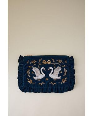 Elizabeth Scarlett Swan Embroidered Velvet Frill Pouch - Blue