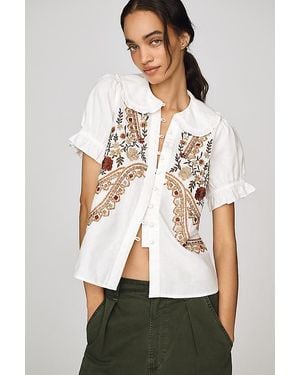 Pilcro The Keira Collared Button-Front Blouse By Embroidered Edition - Natural